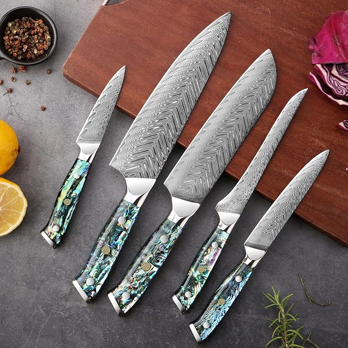SENKEN 11-Piece Damascus Knife Block Set with Abalone Shell Handle - "Umi" Collection Japanese Chef Knife Set - 67-Layer Japanese VG10 Steel, Chef's Knife, Santoku, Paring, 4 Steak Knives & More