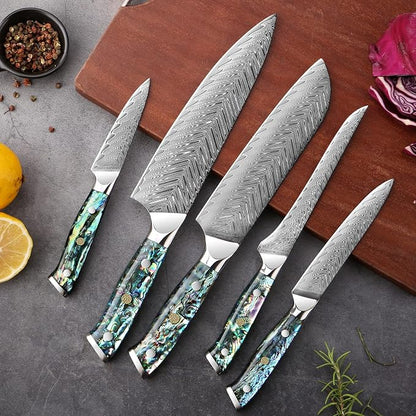 SENKEN 11-Piece Damascus Knife Block Set with Abalone Shell Handle - "Umi" Collection Japanese Chef Knife Set - 67-Layer Japanese VG10 Steel, Chef's Knife, Santoku, Paring, 4 Steak Knives & More