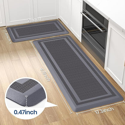 KitchenClouds [2 PCS] Kitchen Rugs Cushioned Anti-Fatigue Kitchen Mats for Floor Waterproof Kitchen Rug Set Non-Slip Comfort Standing Mat for Office, Sink, Laundry 17.3"×29"+17.3"×47", Grey