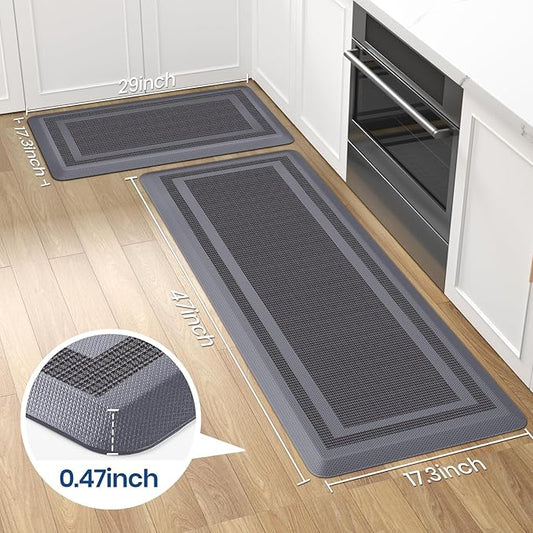 KitchenClouds [2 PCS] Kitchen Rugs Cushioned Anti-Fatigue Kitchen Mats for Floor Waterproof Kitchen Rug Set Non-Slip Comfort Standing Mat for Office, Sink, Laundry 17.3"×29"+17.3"×47", Grey