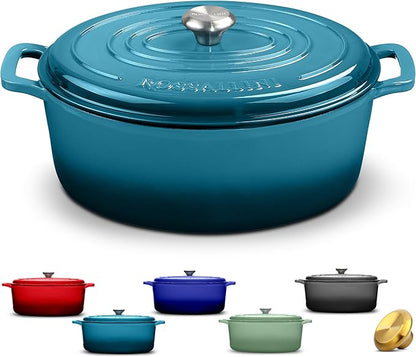 ROSSALLINI Signature Enameled Cast Iron Oval Dutch Oven | Non-Stick Serving Pot with Tight Fitting Lid for Perfect Roasting, Baking, Sauteing, and Bread Making | 6.75Q [Ocean Blue]