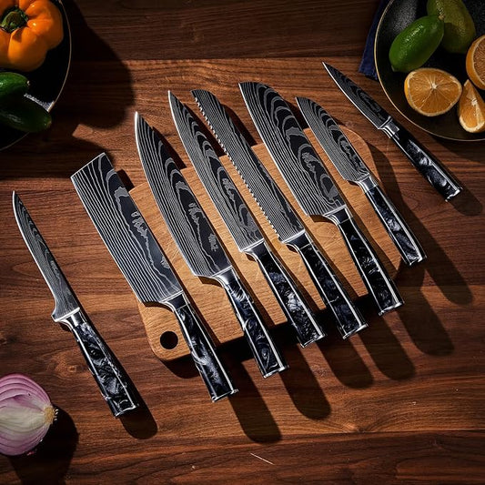 SENKEN 8-Piece Japanese Knife Set - Black Resin Handle, Laser Damascus Pattern - Onyx Collection - Chef's Knife, Cleaver, Santoku, Bread & Paring Knives