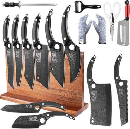 XYJ Kitchen Knife Block Set, 10 Pieces | Full Tang Knives, Wooden Magnetic Knife Block, Includes Honing Steel, Gloves, Peeler, Scissors