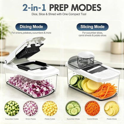 Ourokhome Food Chopper with Container, Manual Mandolin Vegetable Slicer Onion Dicer with 8 Blades, Hand Veggie Shredder for Potato, Tomato, Essential Kitchen Gadgets (8 in 1, White)