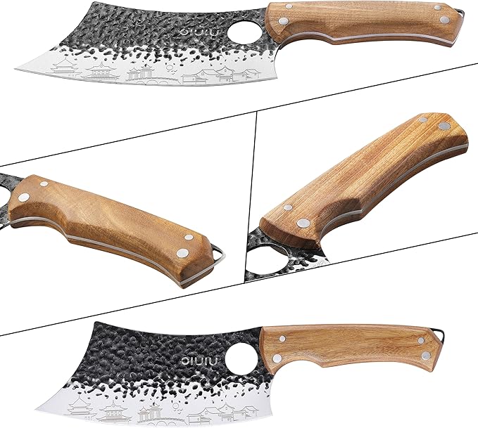 OLULU 3PCS Butcher Knife Set, 7" Butcher Meat Cleaver, 7" Serbian Chef Knife and 6.5" Viking Knife, Kitchen Knife Set with wood Handle, Great for Indoor & Outdoor (Unique Pattern)