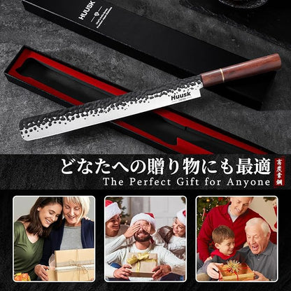 Huusk Japanese Brisket Carving Knife - 11" Slicing Knife for Meat Cutting Made by High Carbon Steel, Hand Forged Ultra Sharp Brisket Slicer with Wood Handle for BBQ Grilling Roast, Gift Idea for Men