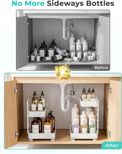 EVERIE Height Adjustable 2 Tier Metal Pull Out Slide Shelf Organizer for Framed or Frameless Under Sink Cabinets in Kitchen, Bathroom, with Snap-on Top Tray (White, 2 Sets)