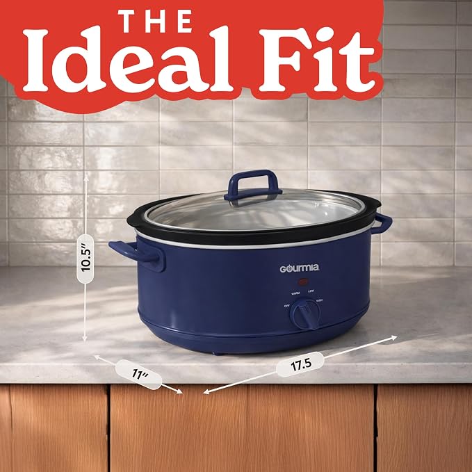 Gourmia Slow Cooker - 7 Quart Removable Ceramic Pot, Manual Controls with 3 Temperature Settings, Dishwasher Safe Crock and Glass Lid, Navy