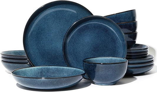 Pokini 16 Piece Double Bowl Dinnerware Sets with Pasta Bowls, Highly Chip and Crack Resistant Plates and Bowls Sets, Natural Earthyware Ceramic Dishware Sets, Service for 4 Starry Blue