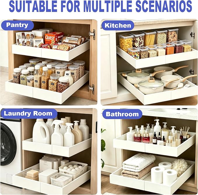 Expandable Pull Out Cabinet Organizer, No-Drill Pull Out Drawers, Roll-Out Shelf with Adhesive Pad & 3 Slide Rails for Framed Cabinets, Kitchen Pantry, 21" Deep, 12.2"-20.4", White, 4 Pack