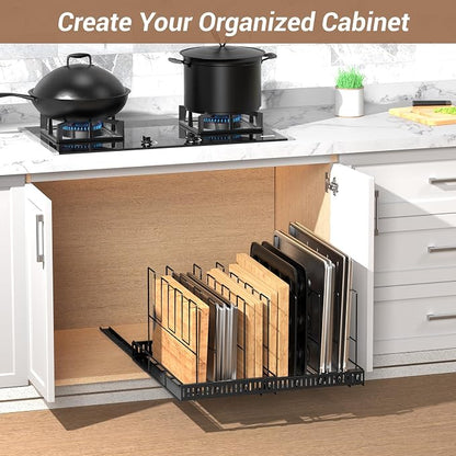 Housolution Pull Out Large Baking Tray and Cookie Sheet Organizer, 13"-22" Width Expandable Cutting Board Holder with 8 Adjustable Dividers, 21.5" Deep Bakeware Storage Rack for Cabinet, Black