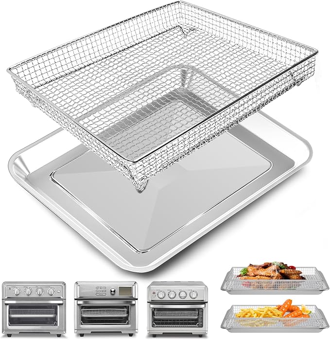 Air Fryer Basket Tray Replacement for Cuisinart TOA-60 TOA-65 TOA-70 Toaster Air Fryer Convection Oven, 12.4 * 11'' Mesh Air Fryer Steel Basket Wire Rack Accessories Parts, Dishwasher Safe