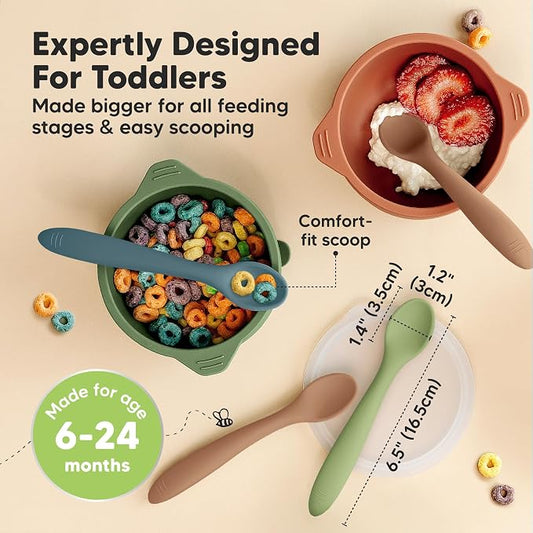 KeaBabies Silicone Baby Spoons, Self Feeding 6-12 months - 3-Pack Baby Weaning Eating Utensils, Toddler First Food Training Spoon, Infant, Kids Feeding Supplies Essential Set, Dishwasher-safe (Desert)