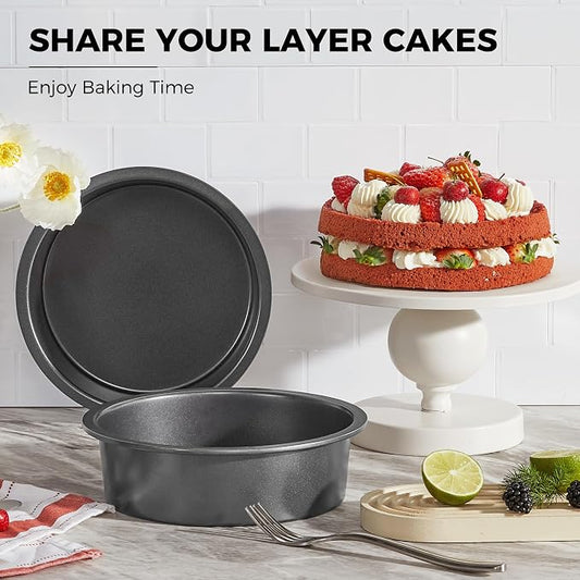 HONGBAKE 8 Inch Round Cake Pan Set for Baking with 100 Pieces Parchment Paper, Nonstick Deeper Circle Cake Pans with Wider Grips, 3 Pieces Layer Cake Tin, Cheesecake Mold, Huty Duty - Grey