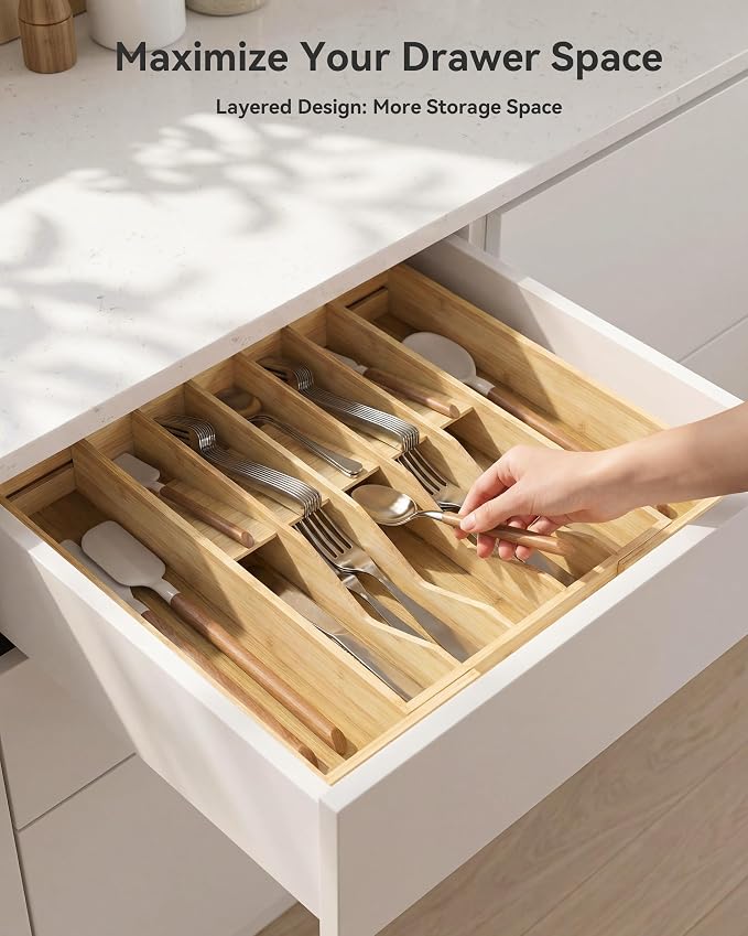 Expandable Utensil Drawer Organizer for Silverware,Bamboo 12 Slot | V-Groove & Anti-Slip Blocks, Vertical Storage,16.7" D x 13”-20" Wx 2.56" H, Cutlery Holder Dividers for Spoons Forks Knives