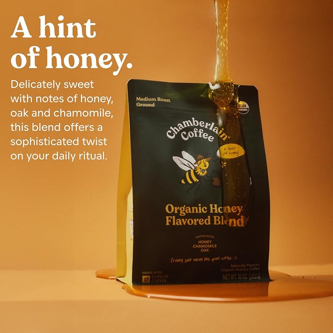 Chamberlain Coffee Honey Medium Roast Ground Coffee - USDA Organic Specialty Blend - Smooth & Balanced with Honey, Chamomile & Oak Notes - Freshly Roasted - Rich Flavor & No Bitterness - 10 Oz