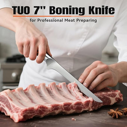 TUO Boning Knife, 7 inch Sharp Fillet Knife for Trimming Meat with Bones, Woodgrain Pakkawood Handle, High Carbon German Steel, Gift Box Included