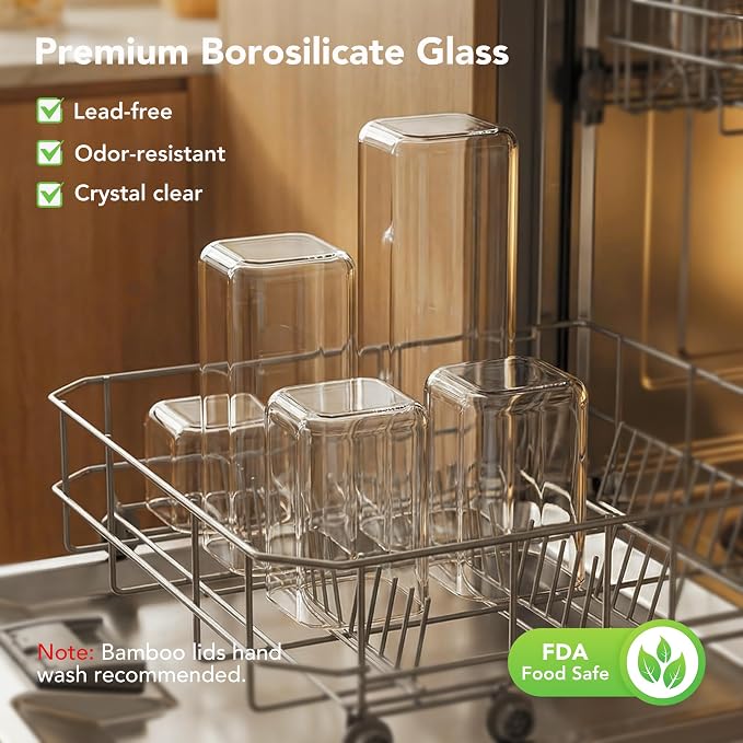 GENICOOK Square Glass Pasta Storage Containers, Set of 5, Pantry Organization & Storage Jars with Bamboo Lids, Stackable Borosilicate Kitchen Canisters for spaghetti, Sugar, Coffee, and Cereal