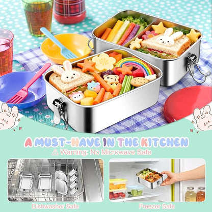 TeamFar Stainless Steel Bento Box, 2 Pack 47oz/1400ml Metal Lunch Box with 3 Compartments for Adults Kids, Large Lunch Food Containers for School/Work/Meal Prep, Leak-Proof & Dishwasher Safe