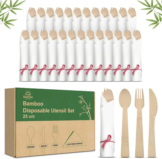 Prerolled Disposable Bamboo Cutlery Set – 25 Pack Pre Wrapped Silverware and Napkin Bundle with Forks, Knives, Spoons for Parties, Weddings, Events, and BBQ (Pink String)