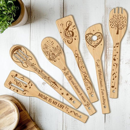 CUTHOLLOW 6PCS Music Note Wooden Kitchen Cooking Utensil Set, 11.9in Non Toxic Bamboo Wood Spoon Set for Cooking, Best Housewarming Birthday Thanksgiving Christmas Gift for Women Mother
