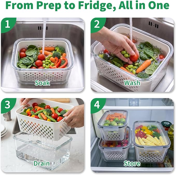 Vegetable Containers for Fridge, Stay Fresh Fruit Vegetable Storage Containers with Lid and Removable Colander, Stackable Vegetable Storage for Berry Salad Lettuce Vegetables Meat Various Food, 3PCS