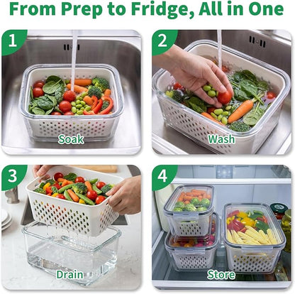 Vegetable Containers for Fridge, Stay Fresh Fruit Vegetable Storage Containers with Lid and Removable Colander, Stackable Vegetable Storage for Berry Salad Lettuce Vegetables Meat Various Food, 3PCS