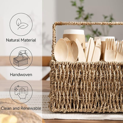 StorageWorks Wicker Silverware Organizer with Handle, Seagrass Kitchen Utensil Holder, Large Utensil Holder for Kitchen Counter, Spoon Forks Knife Cutlery Caddy, Paper Plate Dispenser for Countertop
