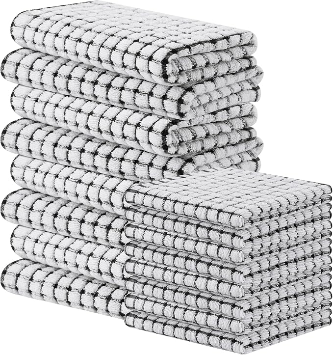 Homaxy Kitchen Towels and Dishcloths Set, 16 x 25 and 12 x 12 Inches, Set of 16 Cotton Terry Kitchen Dish Towels, Super Soft and Absorbent Dish Cloths, Black