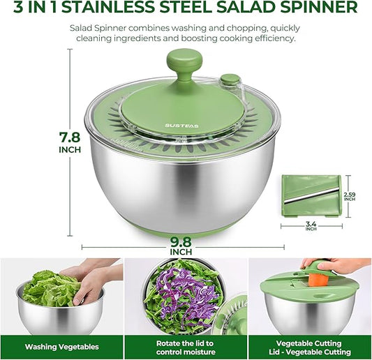 SUSTEAS Stainless Steel Salad Spinner Large, Vegetables Wash Bowl, Fruits & Herb Lettuce Dryer with 5 Blade Slicer Egg Yolk Strainer Shredder for Efficient Salad Preparation and Food Washing, 4.25Qt