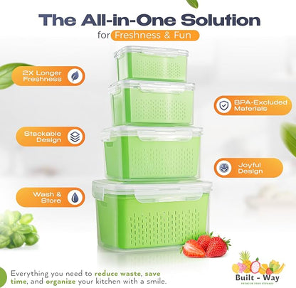 Fruit Storage Containers for Fridge - Set of 4 - Airtight Lid Keeps Fresh - For Fruit & Vegetable Storage - Space-Saving Design - Ideal for Produce, Berries, Snacks - Green
