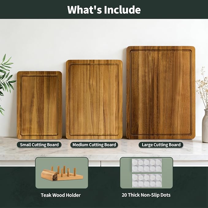 Teak Cutting Board Set for Kitchen, 3 Pack Teak Wood Chopping Boards with Holder & Deep Juice Groove Wooden Hardwood Cutting Board Set for Meat Fish Vegetables Fruits (S, M, L)