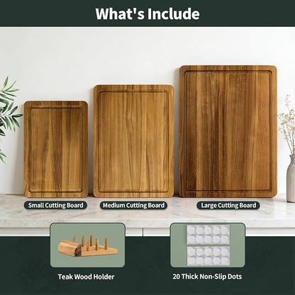 Teak Cutting Board Set for Kitchen, 3 Pack Teak Wood Chopping Boards with Holder & Deep Juice Groove Wooden Hardwood Cutting Board Set for Meat Fish Vegetables Fruits (S, M, L)