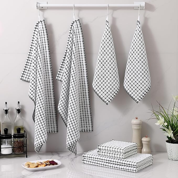 Homaxy Kitchen Towels and Dishcloths Set, 16 x 25 and 12 x 12 Inches, Set of 16 Cotton Terry Kitchen Dish Towels, Super Soft and Absorbent Dish Cloths, Black