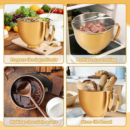 5 Quart Mixing Bowl for KitchenAid Stand Mixers, Food-Grade Stainless Steel Bowl with Handle & Clasp, Compatible with Tilt-Head 4.5–5 Qt Models – Fits K45, K45SS, KSM75, KSM150, KSM95 (Gold, 5QT)