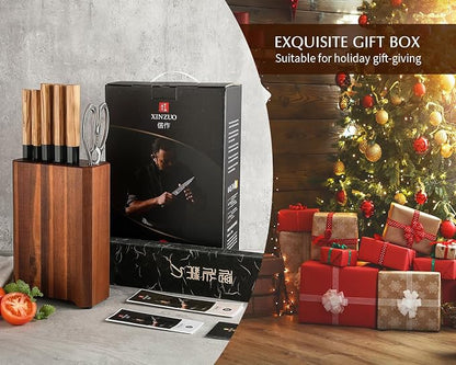 XINZUO Knife Block Set,Hand Forged 67 Layers Damascus Steel,7 Pieces Professional Chef Knife Set with Block&Kitchen Shear&Block, Razor Sharp, Olive Wood Octagonal Handle,Exquisite Box Package
