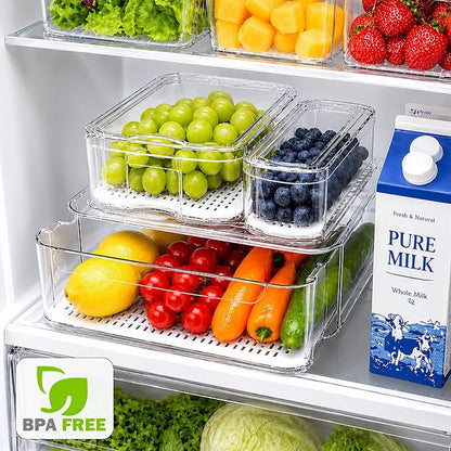 SMRCAD Refrigerator Organizers and Storage, 6 Pack with 1 Pull-Out Drawer and 5 Lidded Bins, Fruit Storage Containers for Fridge with Drain Trays, Helps Keep Produce Fresh