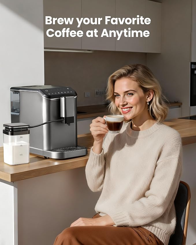 Fully Automatic Espresso Machine, 20 Bar Coffee Maker with Grinder & Milk Frother, Touchscreen Automatic Coffee Machine with 15 Grind Settings for Espresso, Latte & Cappuccino