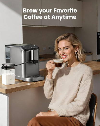 Fully Automatic Espresso Machine, 20 Bar Coffee Maker with Grinder & Milk Frother, Touchscreen Automatic Coffee Machine with 15 Grind Settings for Espresso, Latte & Cappuccino