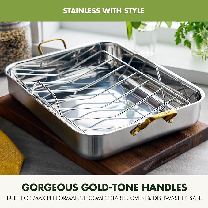 GreenPan Reserve 16" x 13" Tri-Ply Stainless Steel Roasting Pan with Roaster Rack, Multiclad Cookware, Induction Suitable, Gold Stainless Steel Handles, Dishwasher & Oven Safe, Silver