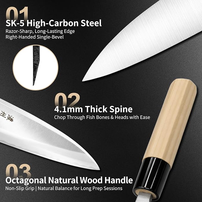 6 Inch Deba Knife, Made in Japan, Right-Handed Single Bevel SK-5 High Carbon Steel, Ultra Sharp 4.1mm Thick Fish Butcher Knife with Octagonal Handle for Fish & Poultry