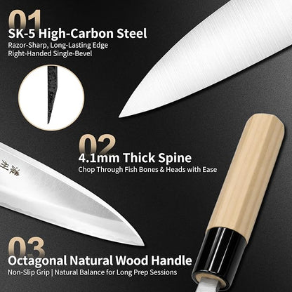 6 Inch Deba Knife, Made in Japan, Right-Handed Single Bevel SK-5 High Carbon Steel, Ultra Sharp 4.1mm Thick Fish Butcher Knife with Octagonal Handle for Fish & Poultry