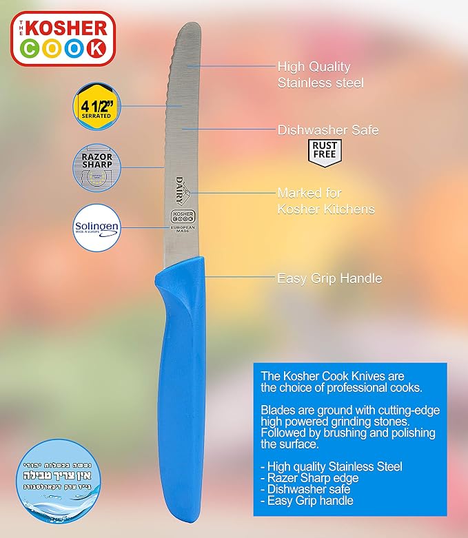 Dairy Blue Kitchen Knife - 4.5” Steak and Vegetable Knife - Razor Sharp Curved Tip, Serrated Edge - Color Coded Kitchen Tools by The Kosher Cook