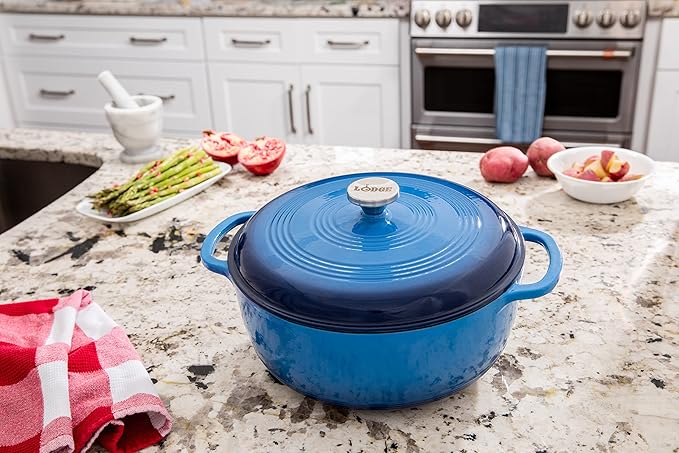 Lodge Essential Enamel Cast Iron Dutch Oven with Lid 7.5 Quart - Oven-Safe Enamel Cookware up to 500° F - Heat-Retaining Braising & Roasting Pot - Non-Toxic Cookware - Carribean Blue