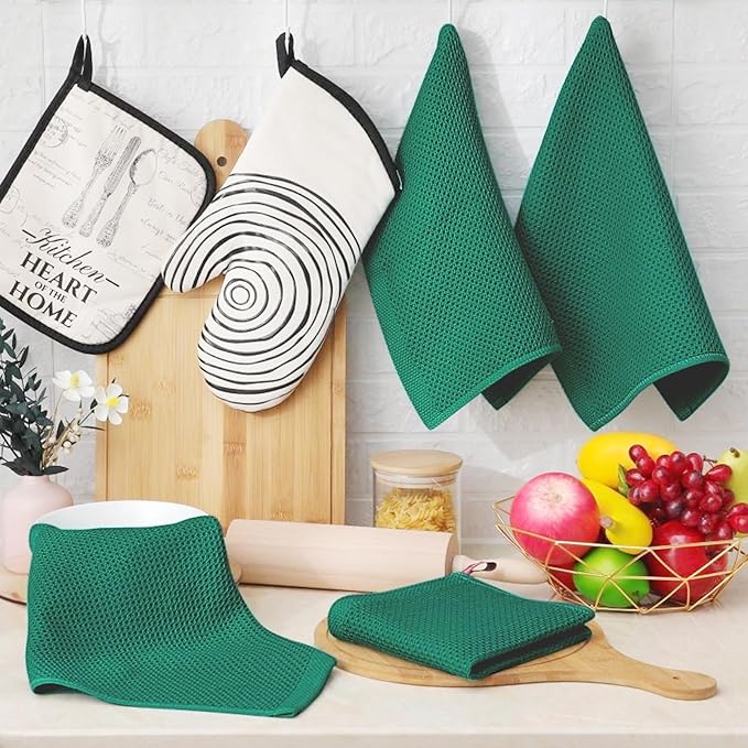 Homaxy 100% Cotton Waffle Weave Kitchen Dish Cloths, Ultra Soft Absorbent Quick Drying Dish Towels, 12 x 12 Inches, 24-Pack, Dark Green