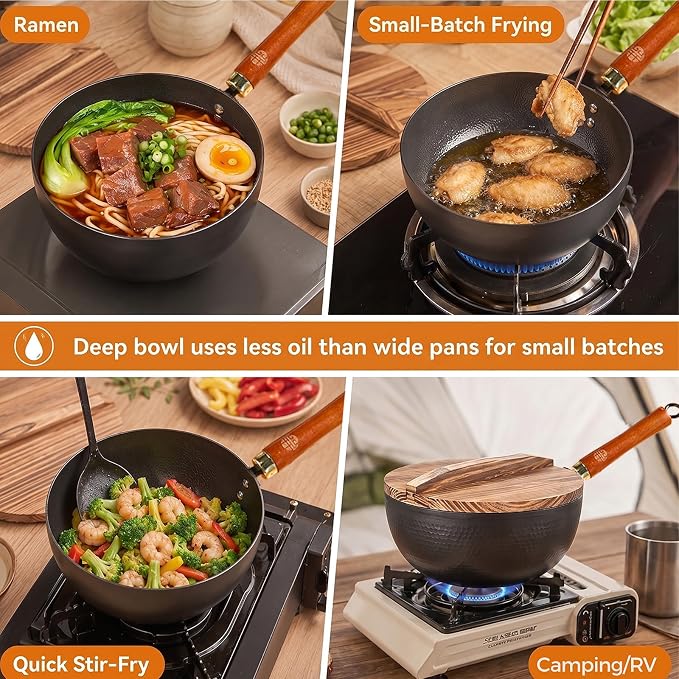 WANGYUANJI 8.7 Inch Carbon Steel Mini Wok with Wooden Lid & Detachable Handle, 2.2 Qt Small Wok Pan for 1–2 People, Flat Bottom Uncoated Stir Fry Pan for Ramen, Deep Frying, Gas & Induction