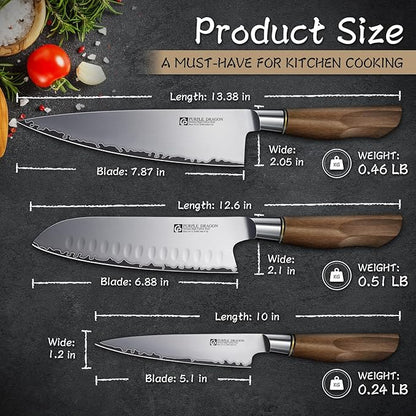 Purple Dragon Knife Set, 3Pcs Kitchen Knives Set, German VG10 Steel Japanese Chef Knives 7.8 Inch Santoku Knife 7 Inch Utility Knife 5.1 In, Razor-Sharp Knives Christmas Gift for Men and Women