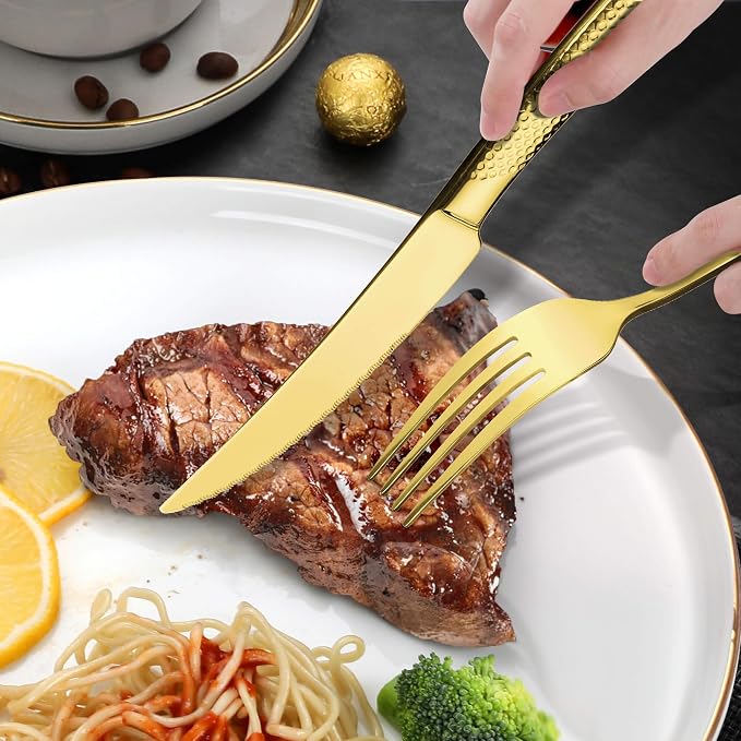 Lemeya 20-Piece Hammered Gold Silverware Set for 4,18/10 Stainless Steel Flatware Set with Serrated Forged Knives,Heavy Duty Cutlery Set for Home & Party Restaurant,Mirror Polished, Dishwasher Safe