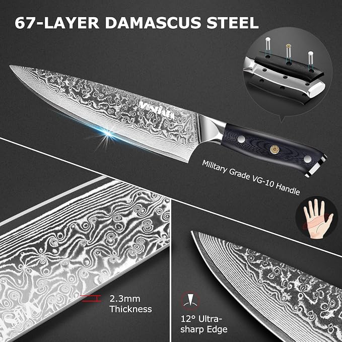 MOSFiATA Damascus Chef Knife Set 5PCS-Professional Sharp High Carbon VG10 Stainless Steel Kitchen Knife with Finger Guard, Knife Sharpener Rod Gift