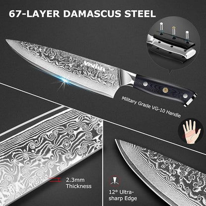 MOSFiATA Damascus Chef Knife Set 5PCS-Professional Sharp High Carbon VG10 Stainless Steel Kitchen Knife with Finger Guard, Knife Sharpener Rod Gift